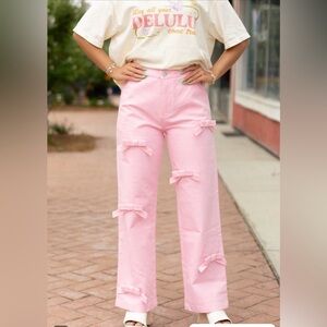 Lina - Pink wide Leg Bow Jeans size Medium